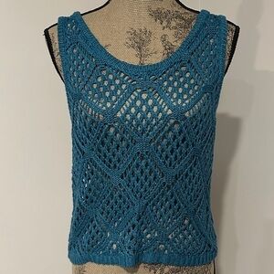Teal blue Sleeveless crocheted Knit sweater vest Top Size Small